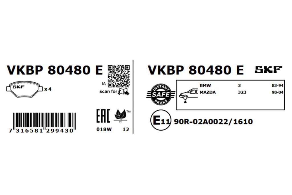Jeu de 4 plaquettes de frein SKF ref. VKBP 80480 E